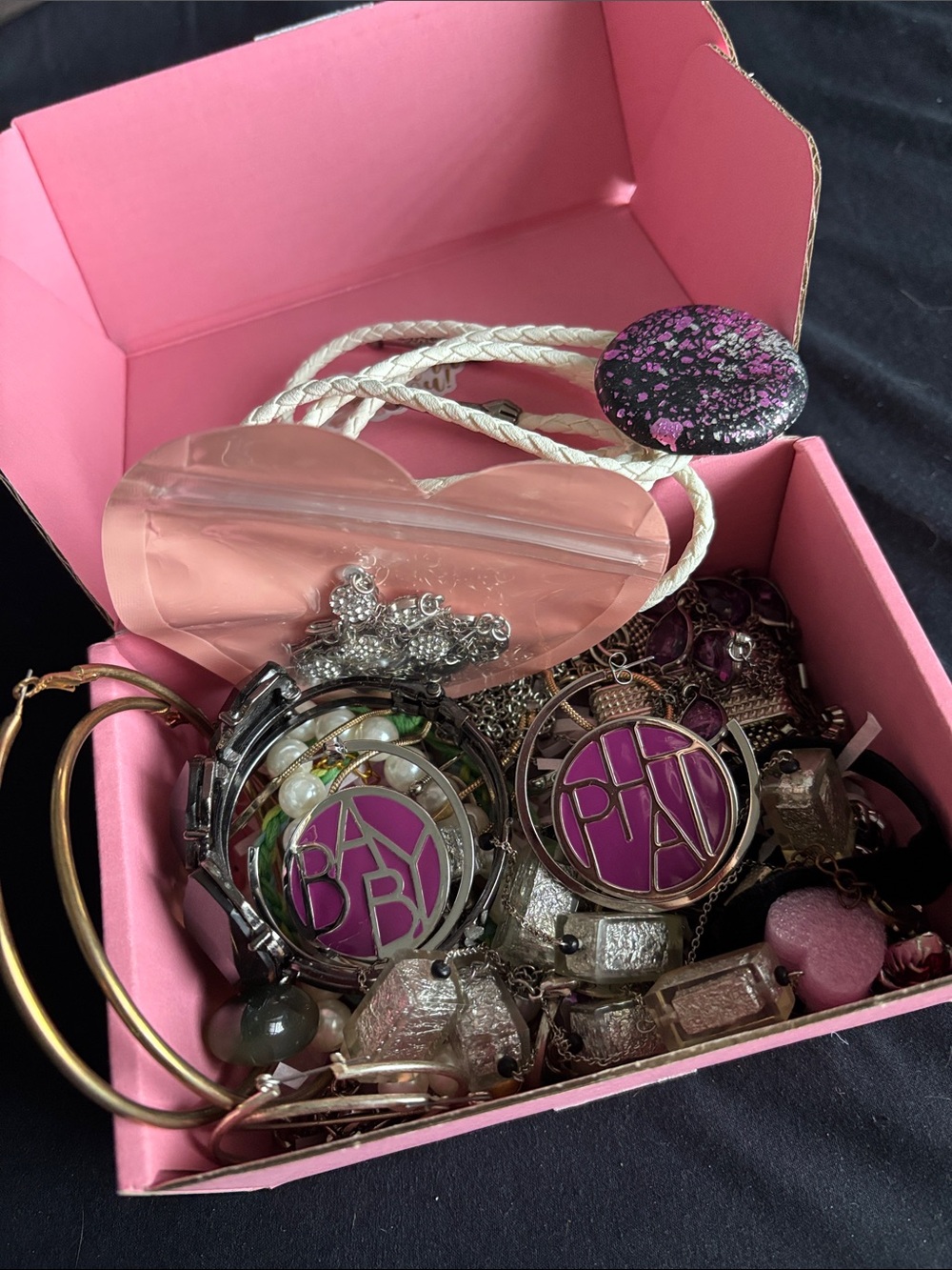Pink and Silver Mixed Jewelry Lot with Purple Logo Charms